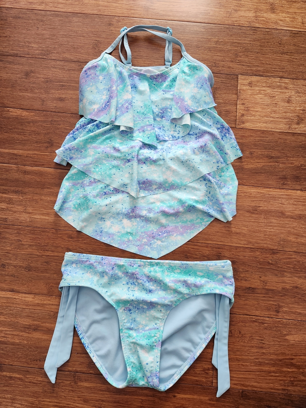 Justice Girls Layered Tankini Swimsuit Set Aqua Purple Tie Dye Sparkle, Size 10